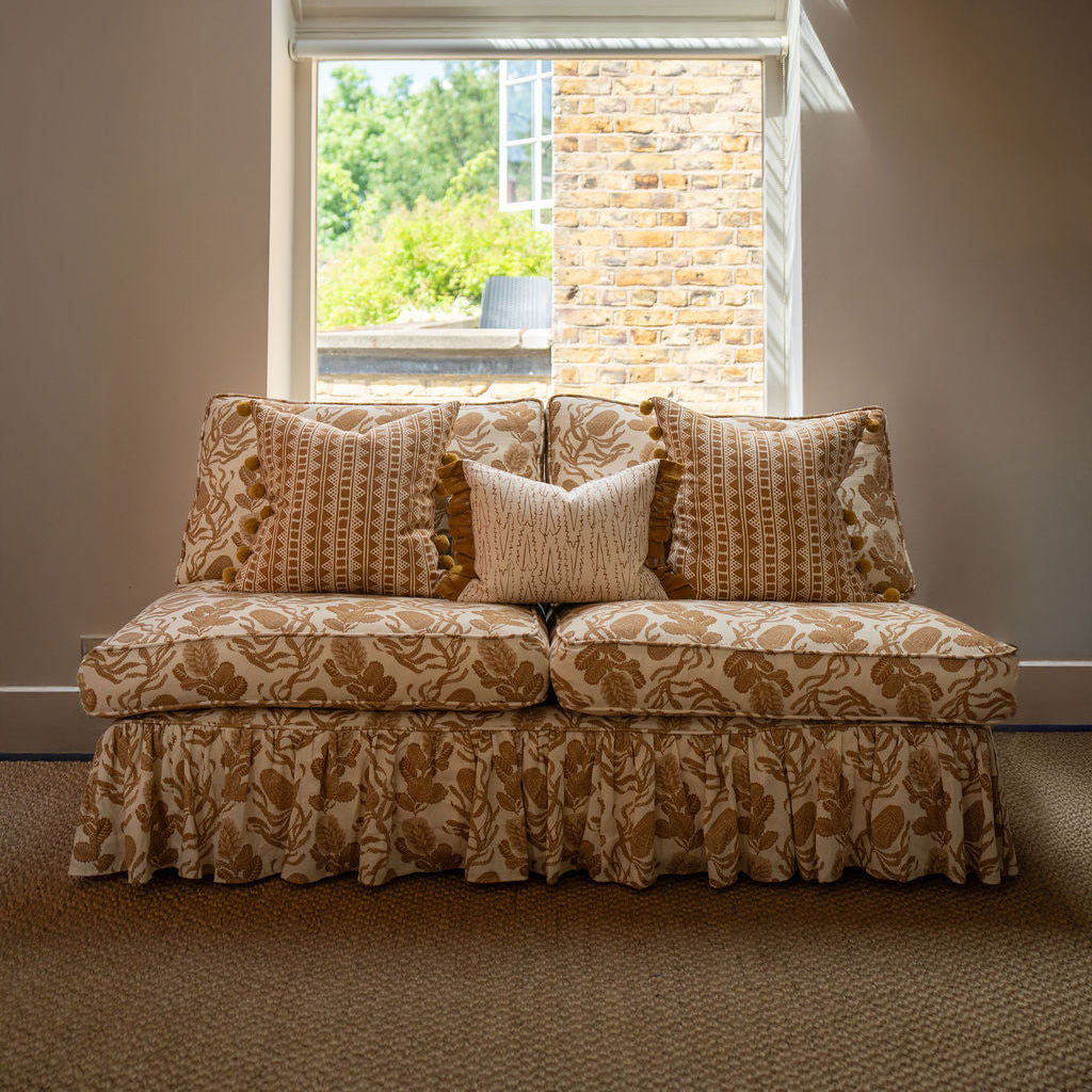 sofa in volga's Cape Botanical Printed Linen Old Gold/Oyster