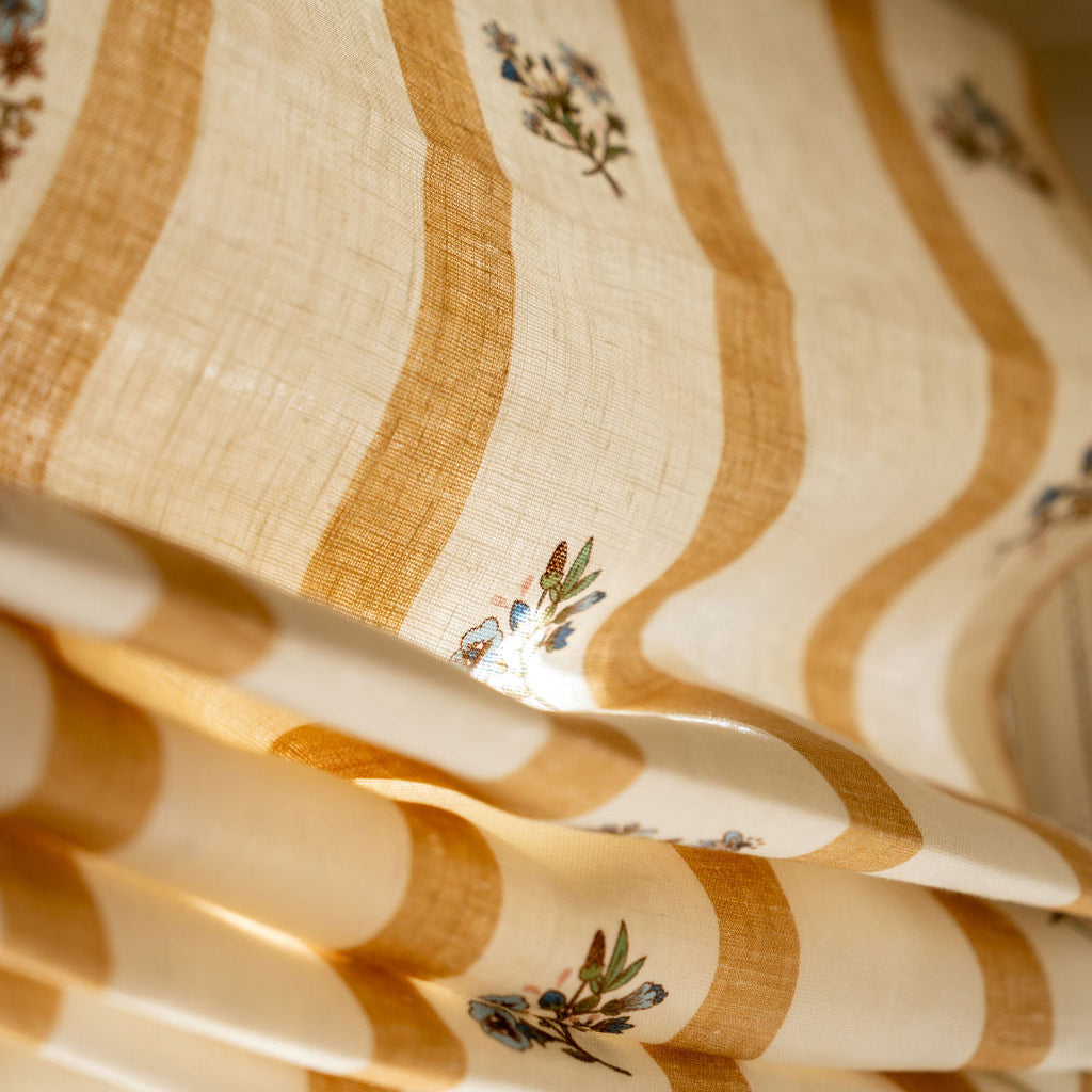 Flax & Field Posy Stripe Dual Use Printed Linen Ochre/Pale Oyster