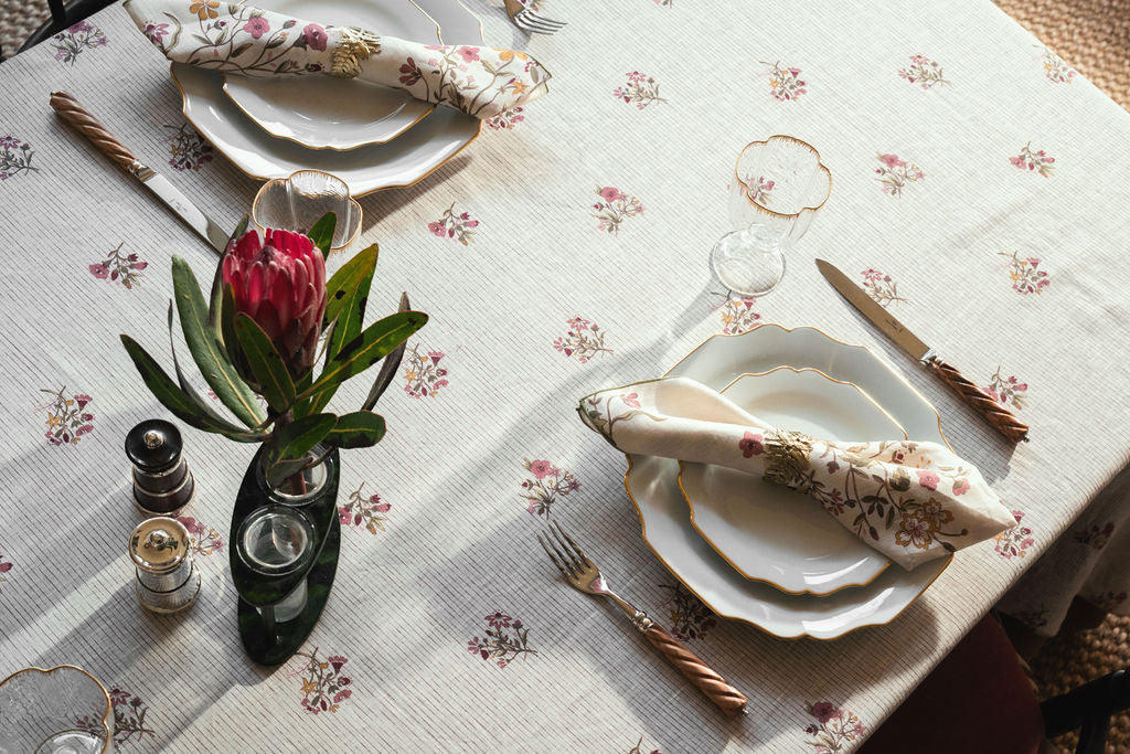 Scarlet Flax & Field Posy Pinstripe Printed Tablecloth