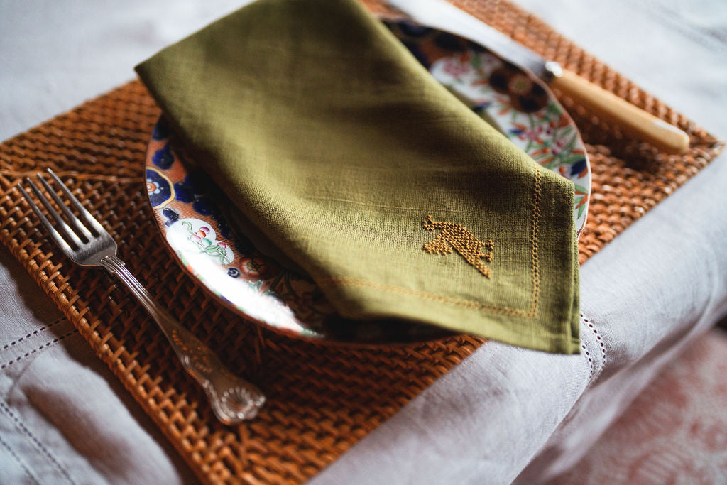 Set of 2 Fern Green Napkins with Ochre Hemstitch and Palestinian Ochre Bird Hand Embroidery
