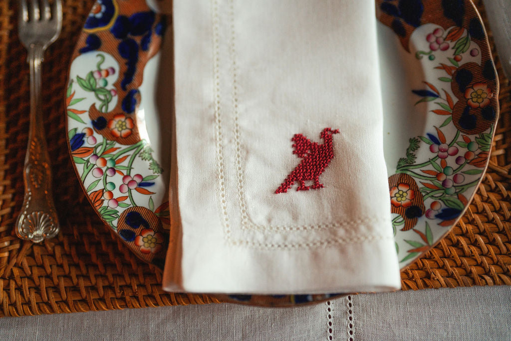 Set of 2 Double Hemstitch Edge Napkins with Palestinian Red Bird Hand Embroidery
