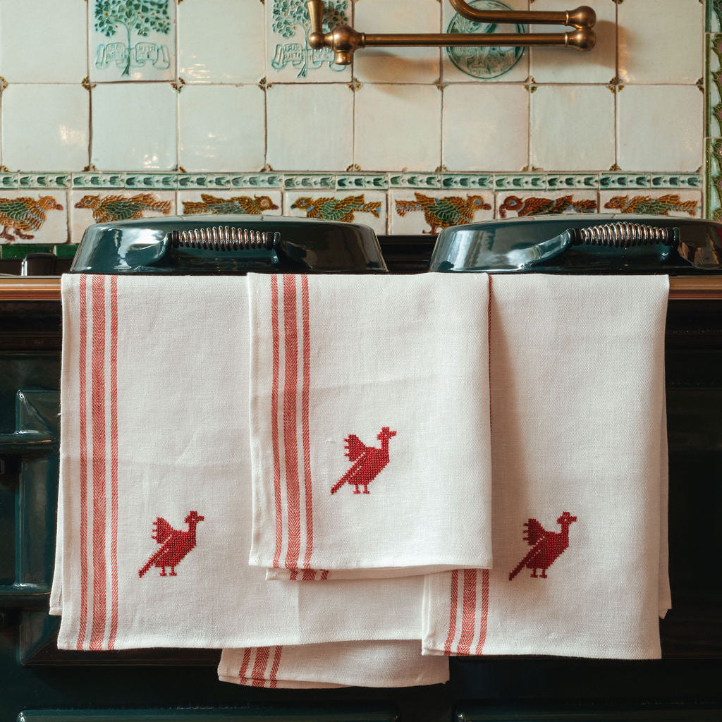 Kitchen Towel in French Red with Palestinian Red Bird Hand Embroidery