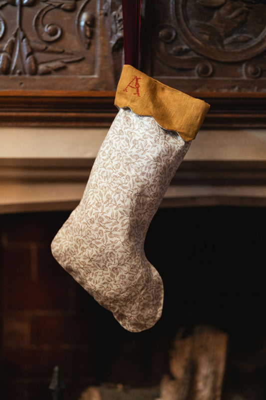 Pomegranate Print Stocking in Tawny Gold with Volga Red Initial