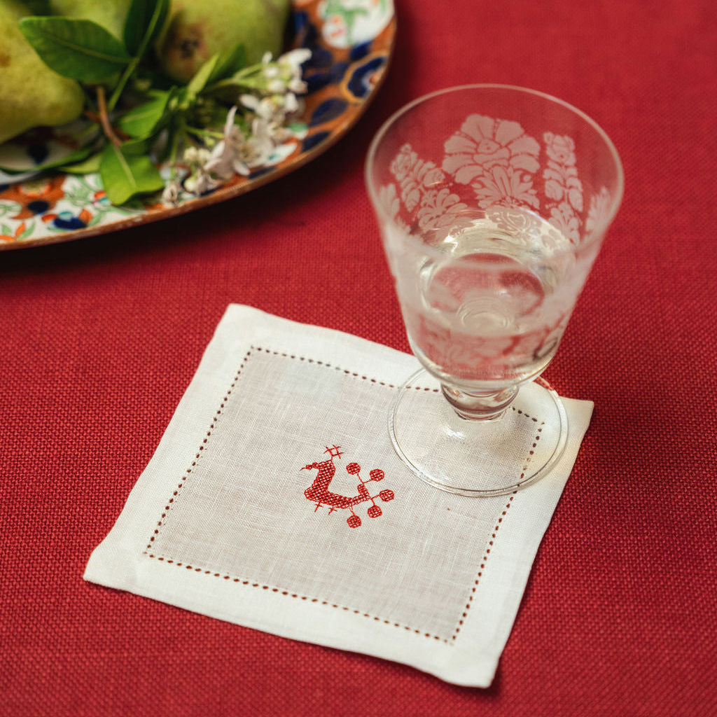 Cocktail Napkin Hemstitch with Cockerel Embroidery in Volga Red