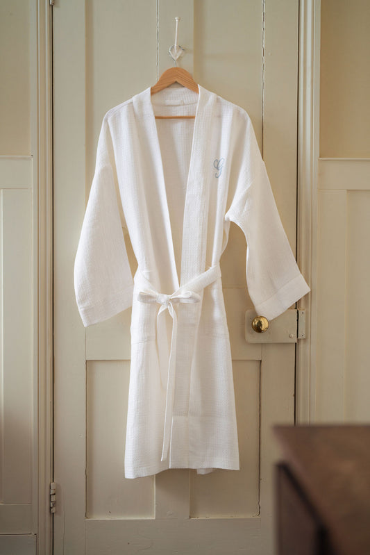 Liège Robe in Ivory White Waffle with Coloured Hemstitch