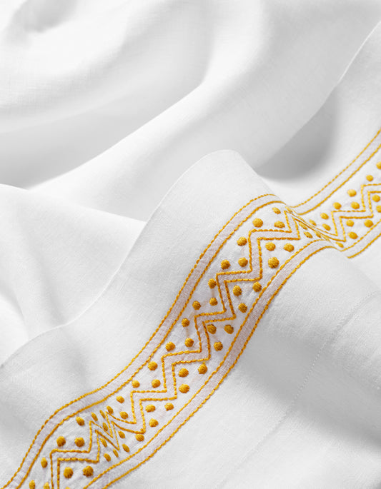 Sheherazade Hand Towel in Pure White with Ochre Broderie