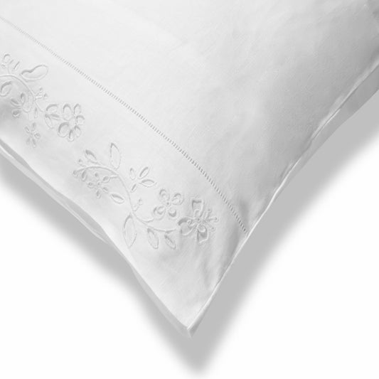 Field Flower Housewife Pillowcase in Pure White with Broderie Anglaise