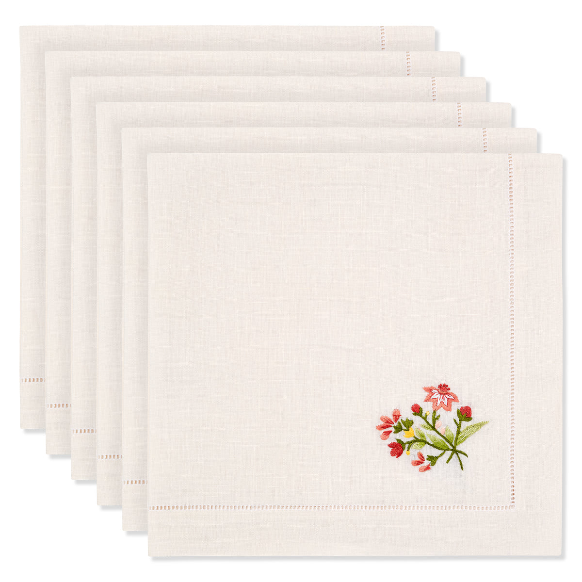 Set of Field Meadow Flower Napkins in Natural White with Scarlet Broderie