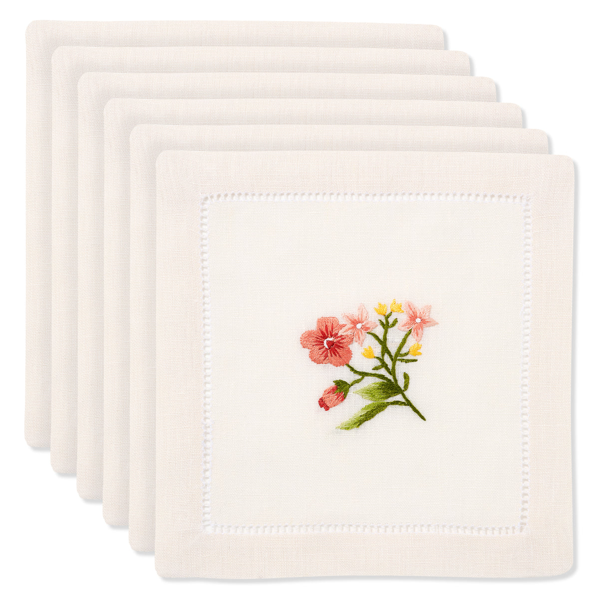Set of Field Flax Flower Cocktail Napkins in Natural White with Scarlet Broderie