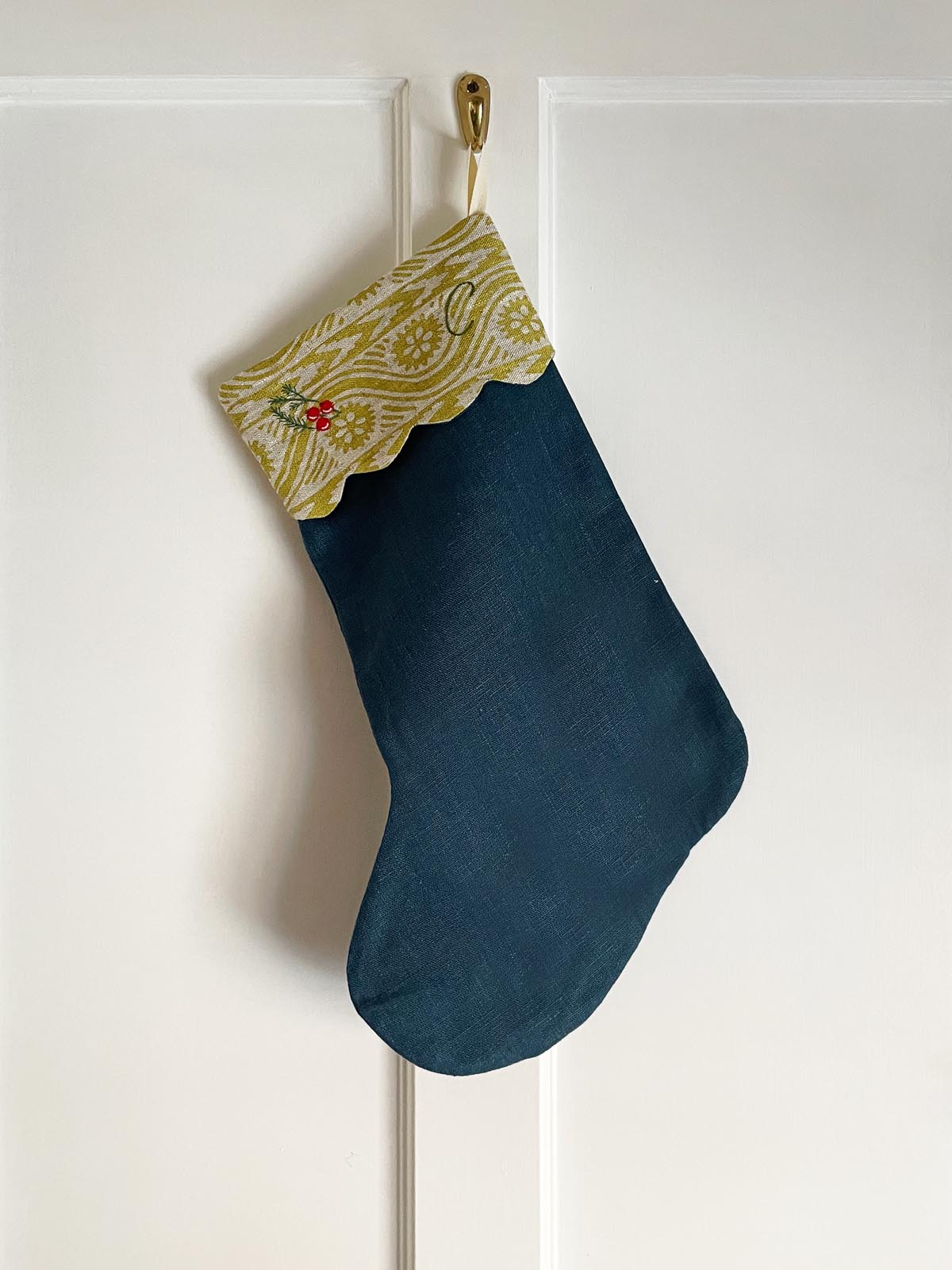 Christmas Stocking with C and Berry Embroidery in Prussian Blue & Ruslan Moss Scalloped Top