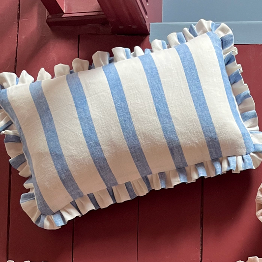 blue and white bold stripe cushion with matching frill