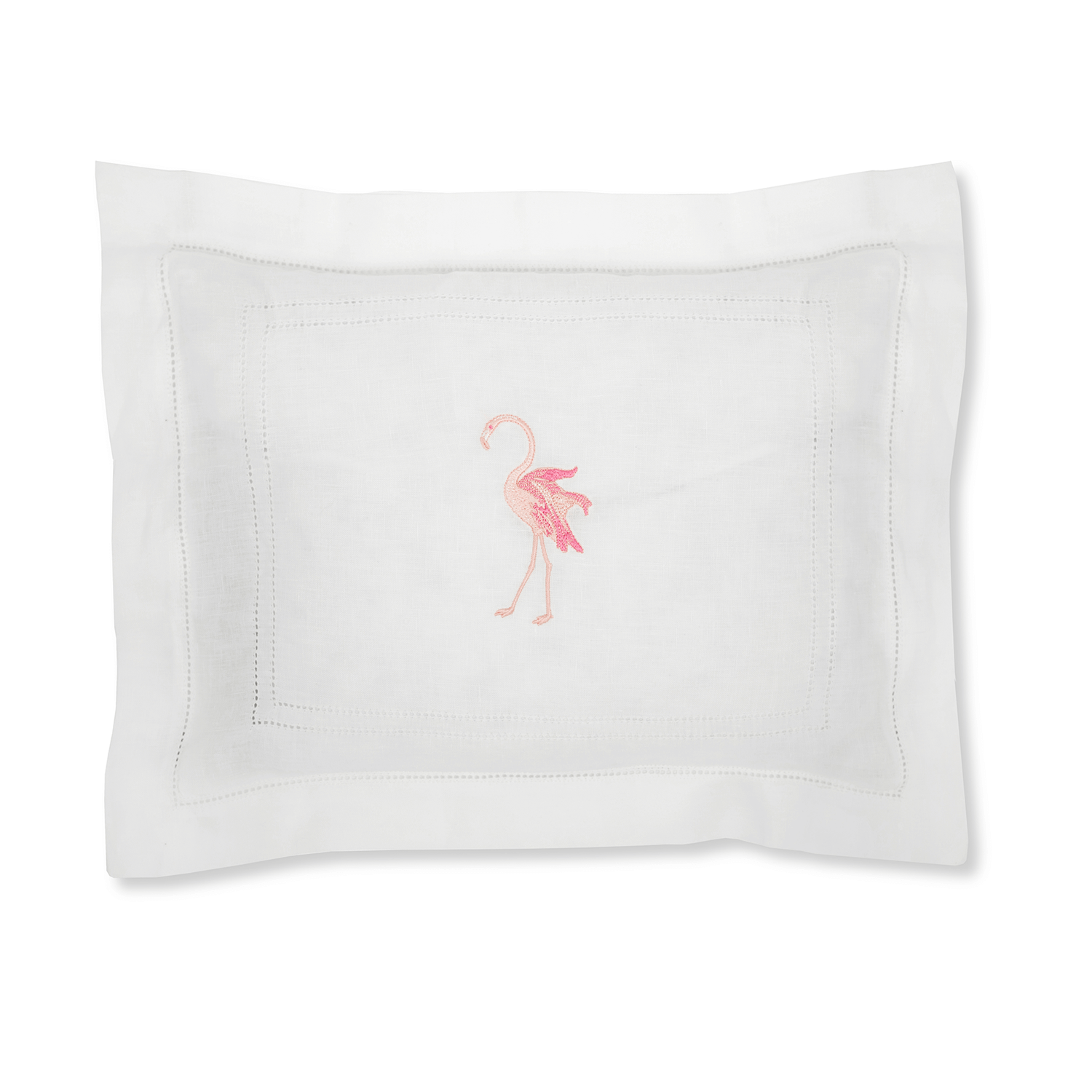 Boudoir Pillow with Ivory White Hemstitch and Flaming Flamingo Embroidery
