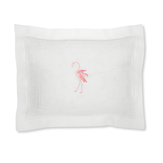 Boudoir Pillow with Ivory White Hemstitch and Flaming Flamingo Embroidery