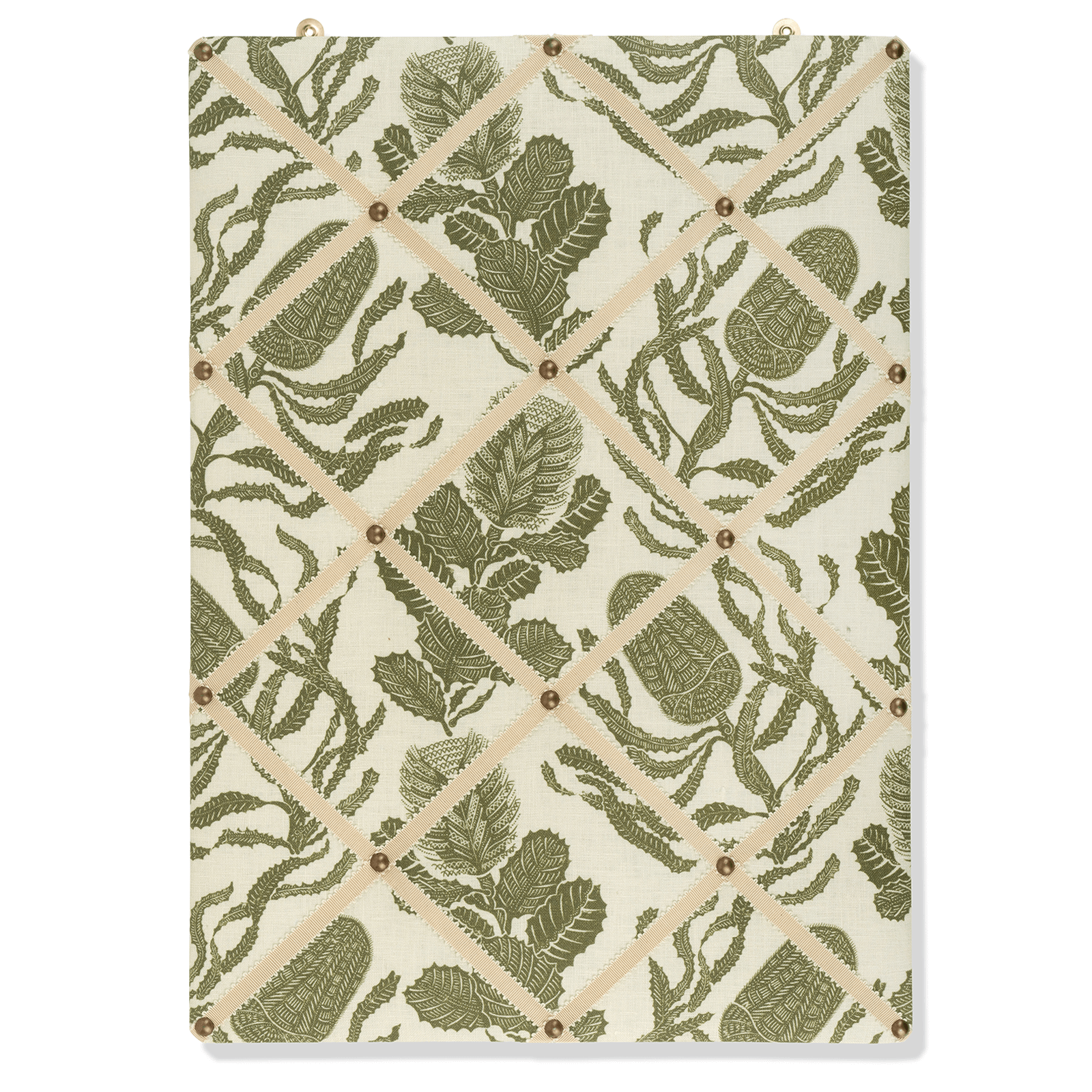 Ribboned Bulletin Board in Volga's Botanical Green Print with Macadamia Trim