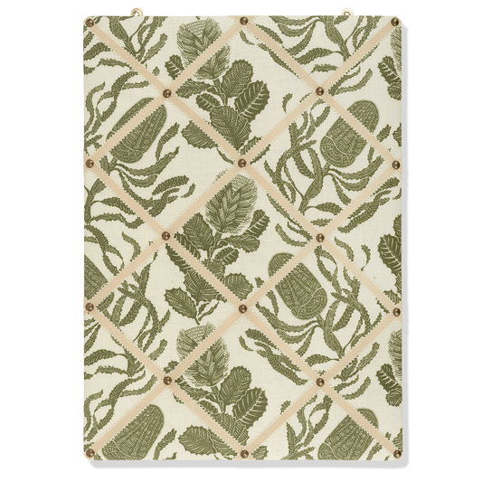 Ribboned Bulletin Board in Volga's Botanical Green Print with Macadamia Trim