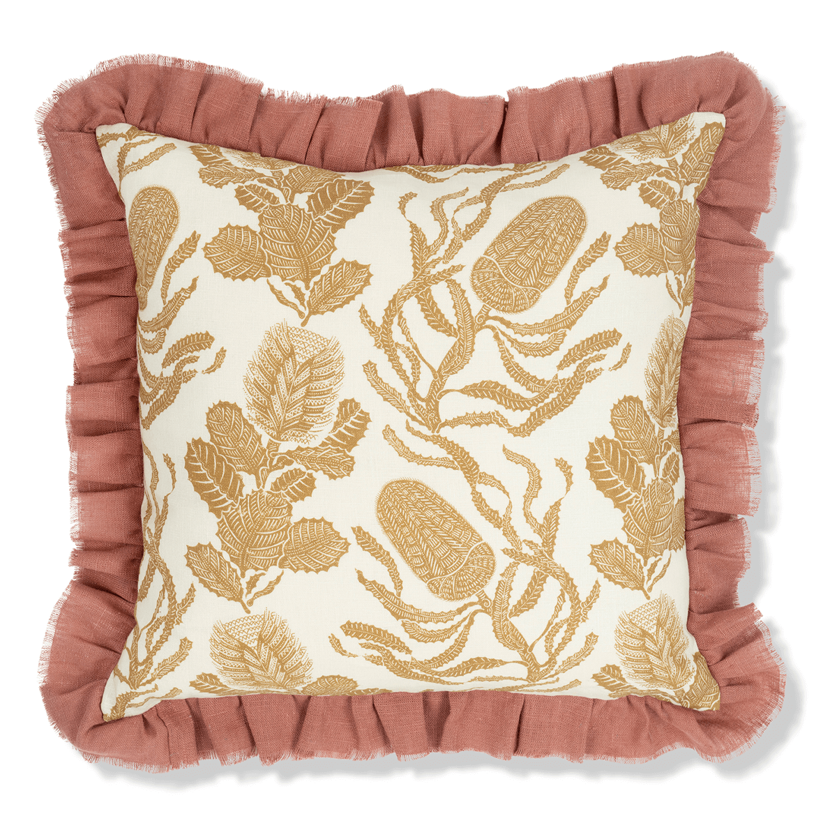 Cape Botanical in Old Gold Cushion with Sirin Terracotta Frill