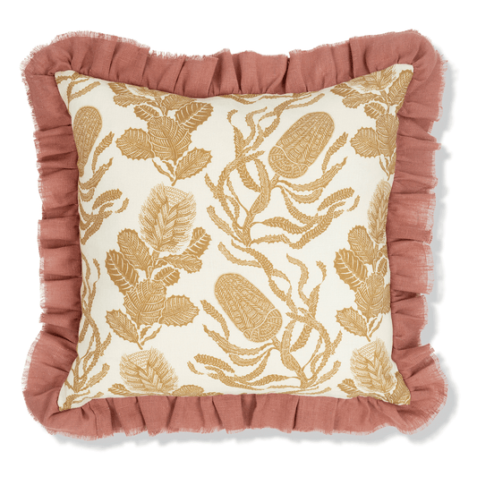 Cape Botanical in Old Gold Cushion with Sirin Terracotta Frill