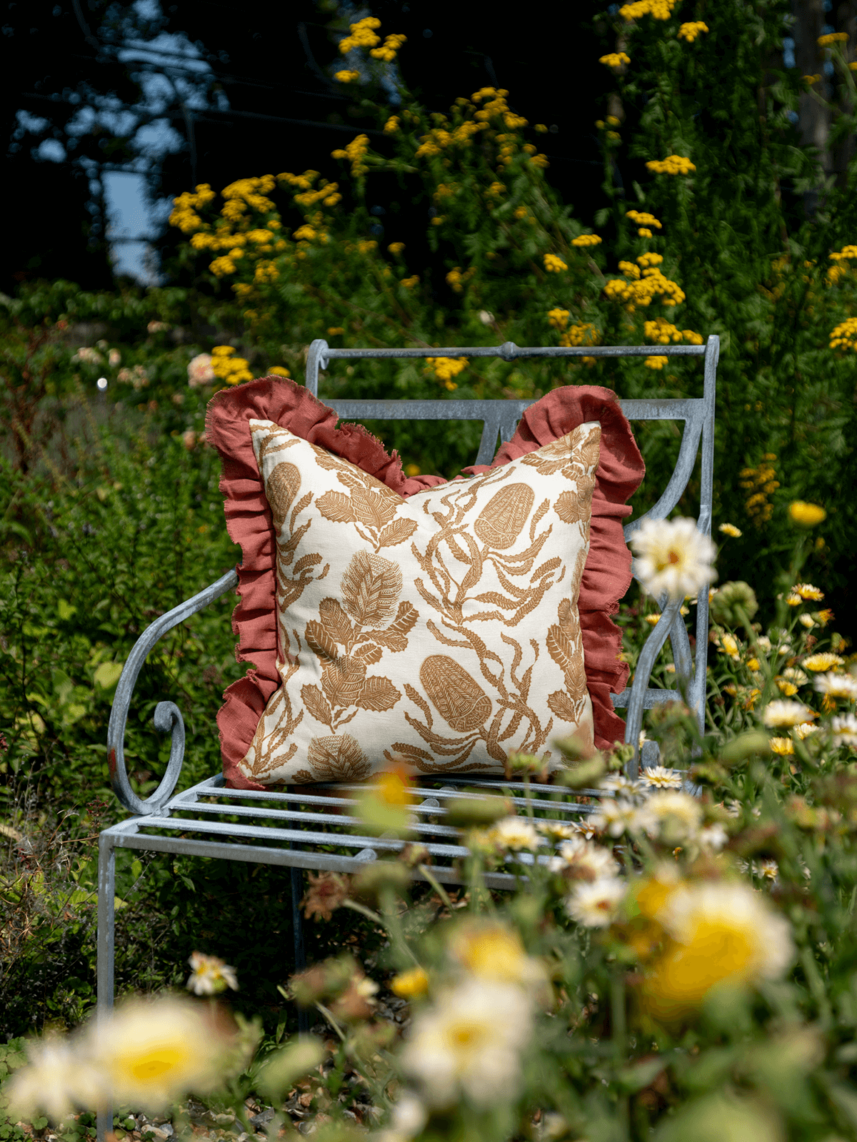 Cape Botanical in Old Gold Cushion with Sirin Terracotta Frill
