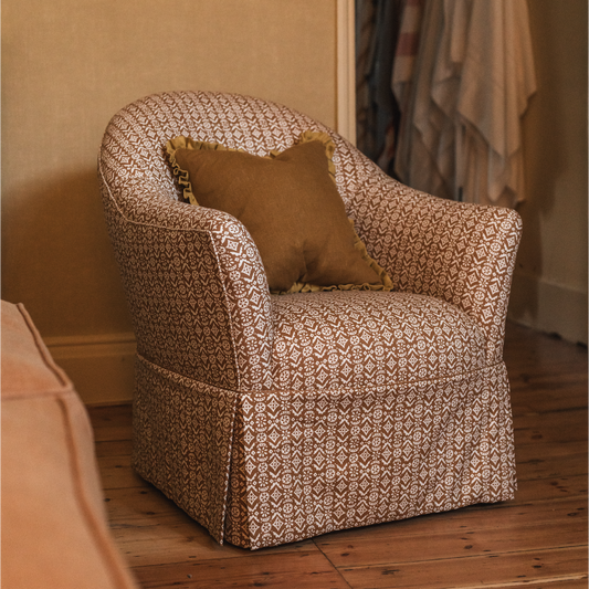 loose covered armchair in hawelka old gold printed linen