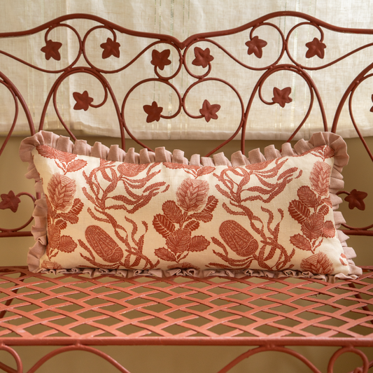 Cape Botanical Print Cushion in Terracotta with English Rose Frill