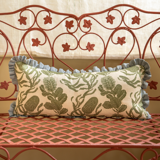 Cape Botanical Print Cushion in Botanical Green with Parma Grey Frill