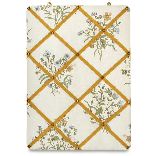 Ribboned Bulletin Board in Volga's Flax & Field Flower Pint with Ochre Trim