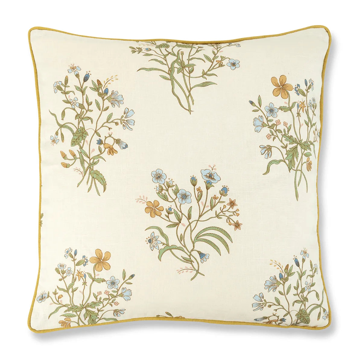Cushion in Volga's Flax & Field Flower print with contrast reverse and ochre trim