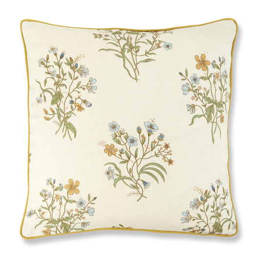 Cushion in Volga's Flax & Field Flower print with contrast reverse and ochre trim