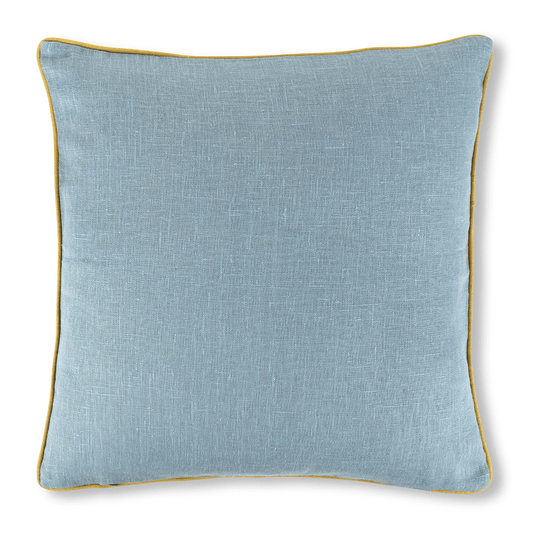 chambray blue reverse side of cushion with ochre trim