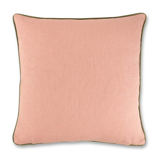 soft coral reverse side of cushion with fern green trim