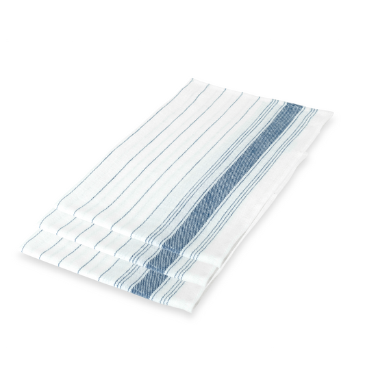 set of three linen kitchen towels with blue stripes