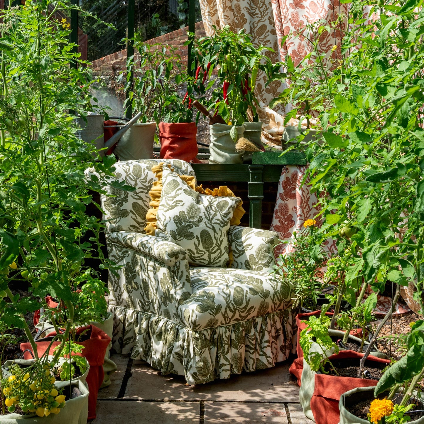 armchair in volga's Cape Botanical Printed Linen Botanical Green/Oyster