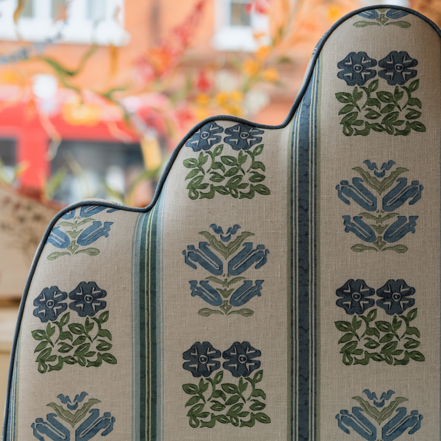 Showroom Ex-Display Single Size Kokoshnik Headboard in Folkloric Floral Stripe Linen Delft Blue/Oyster