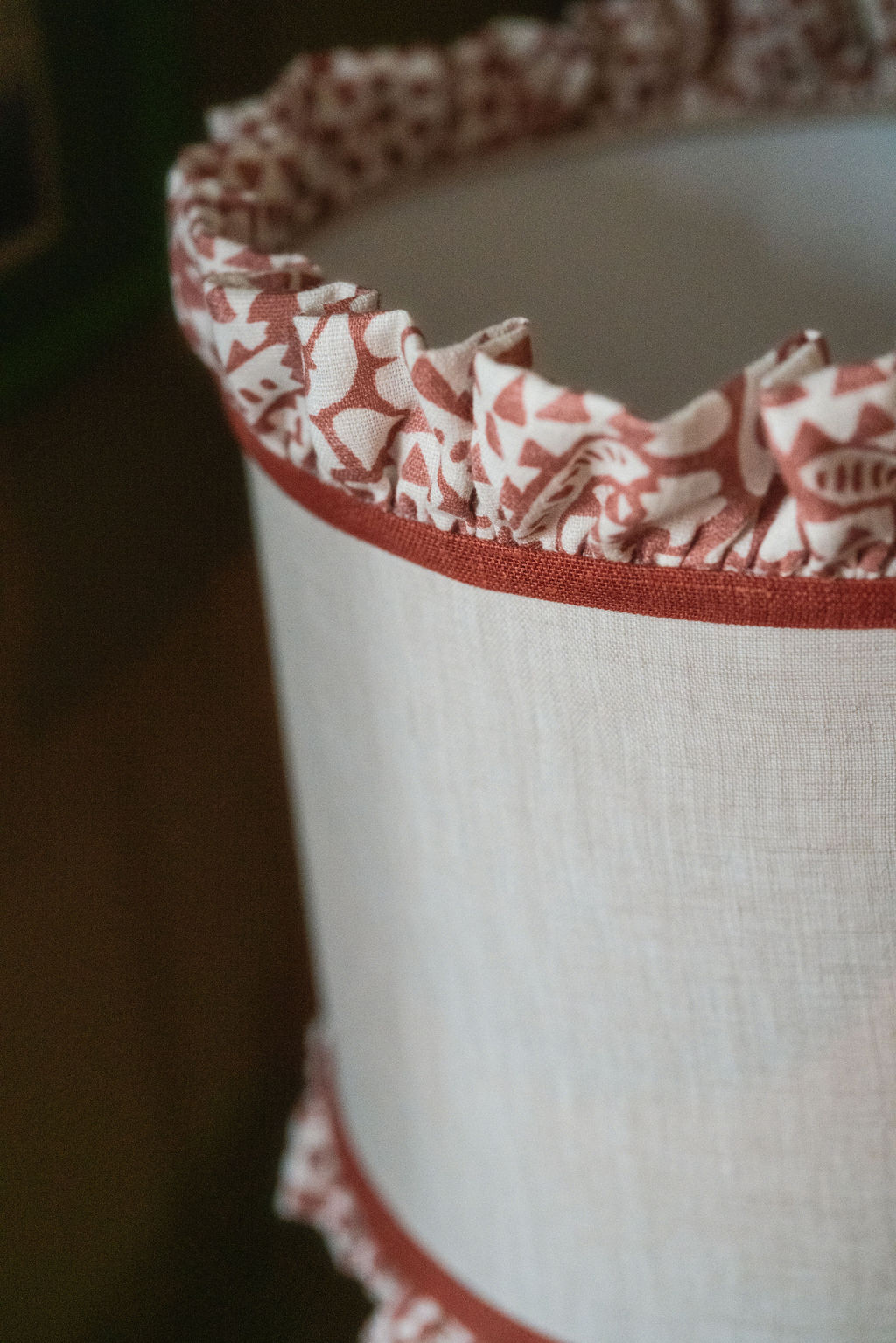 Sheer Linen Putty Lampshade with Double Ruffle Detail in Ivan Terracotta