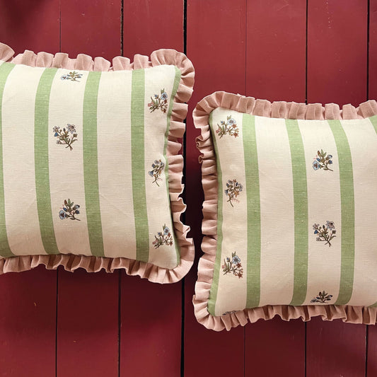 Flax & field posy stripe print linen in eucalyptus with english rose frill