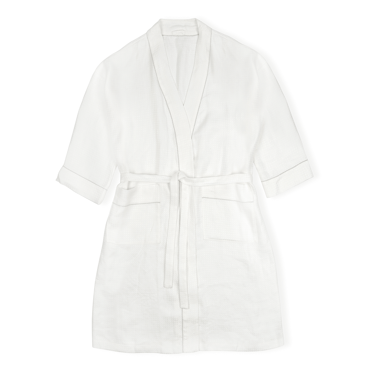 white waffle robe with parma grey hemstitch detailing