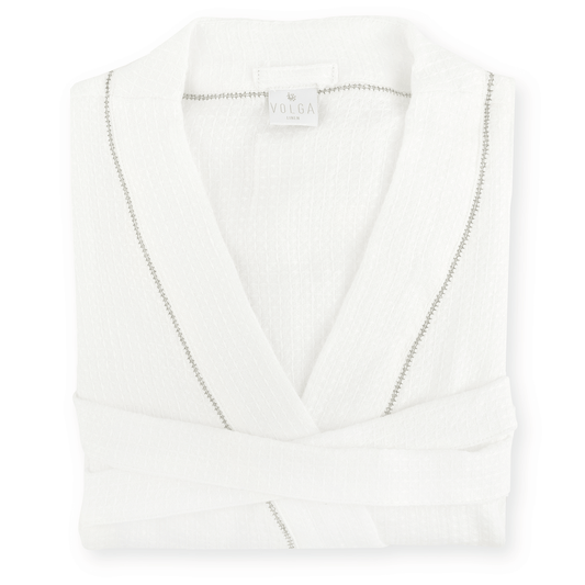 Liège Robe in Ivory White waffle with Olive Hemstitch