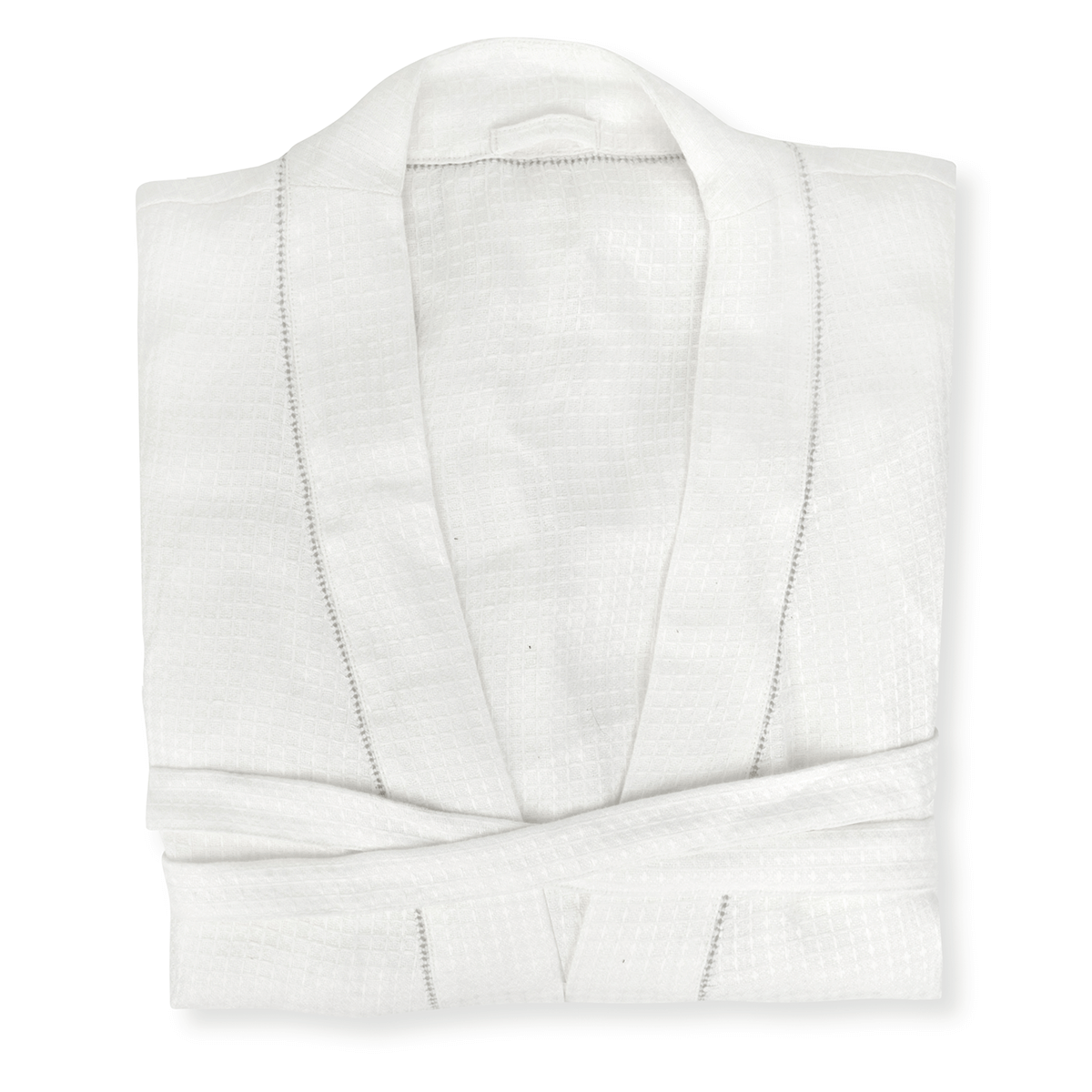 folded white waffle robe with parma grey hemstitch