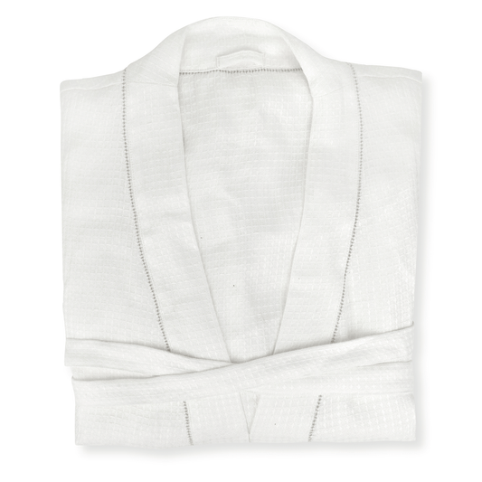 folded white waffle robe with parma grey hemstitch