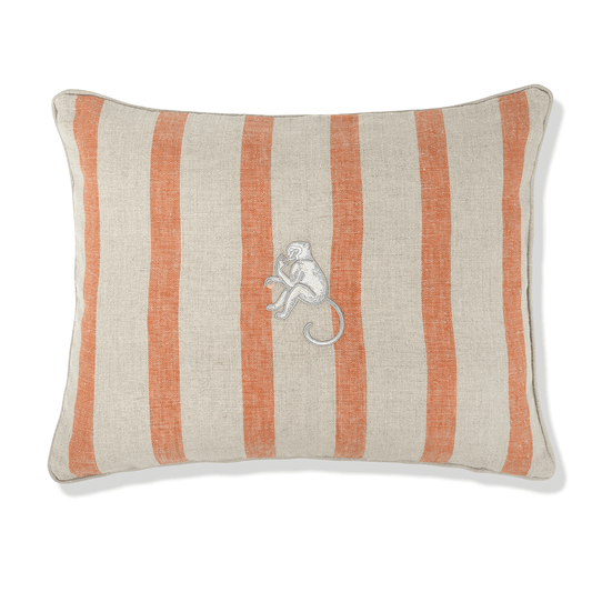 Bold Stripe Cushion in Terracotta with Dove Grey Trim and Monkey Embroidery