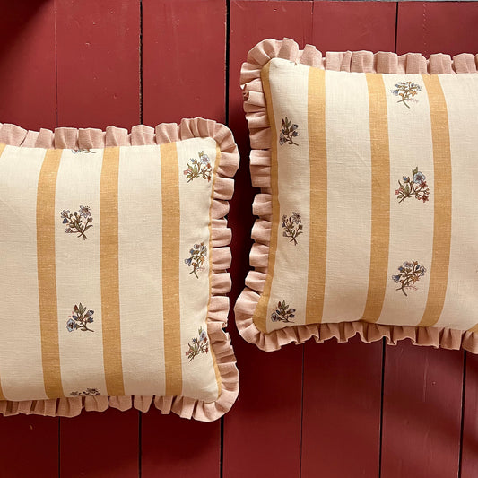 Flax & Field Posy Stripe Cushion in Ochre with English Rose Frill