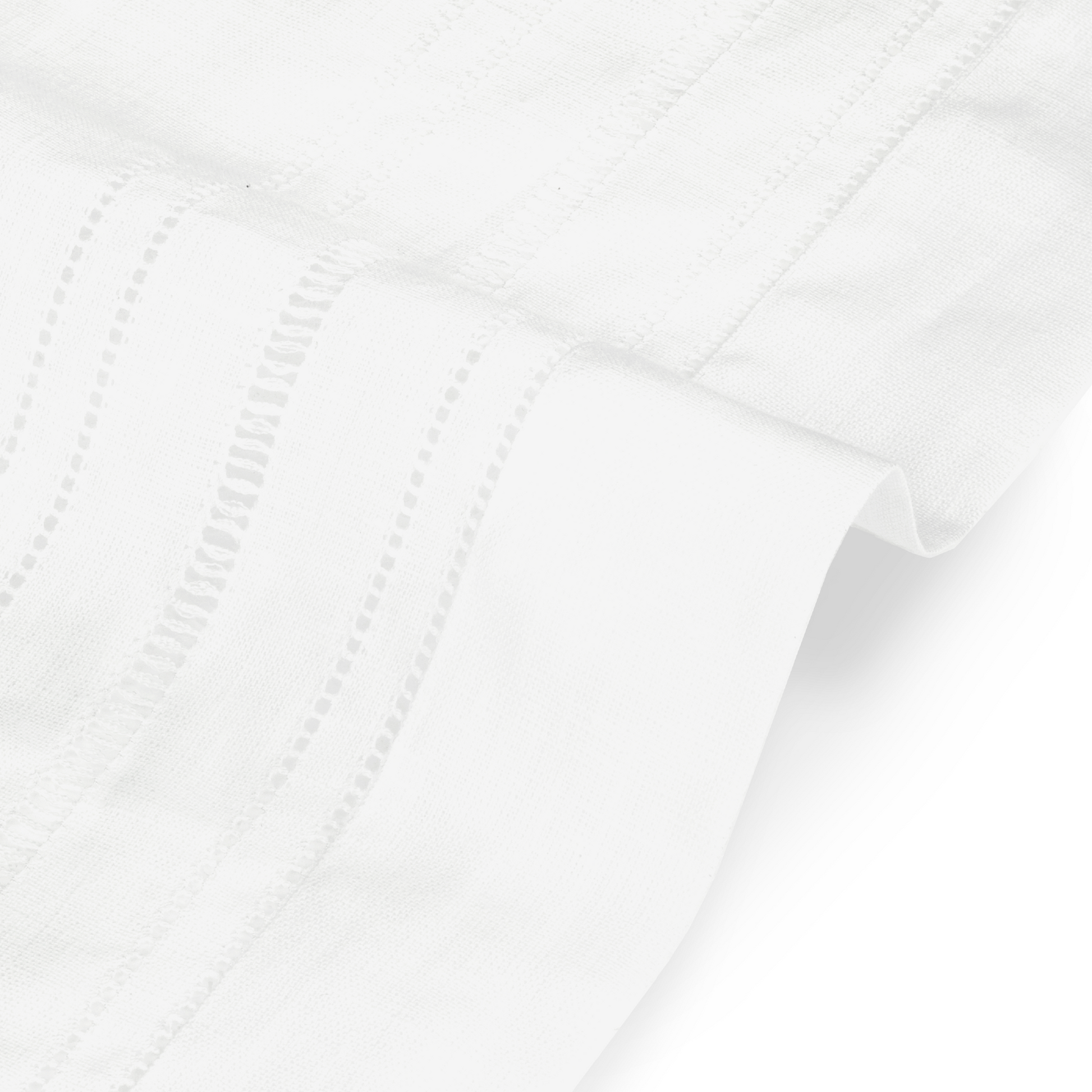 close up of drawn thread lambrequin ladder & hemstitch edge in ivory white