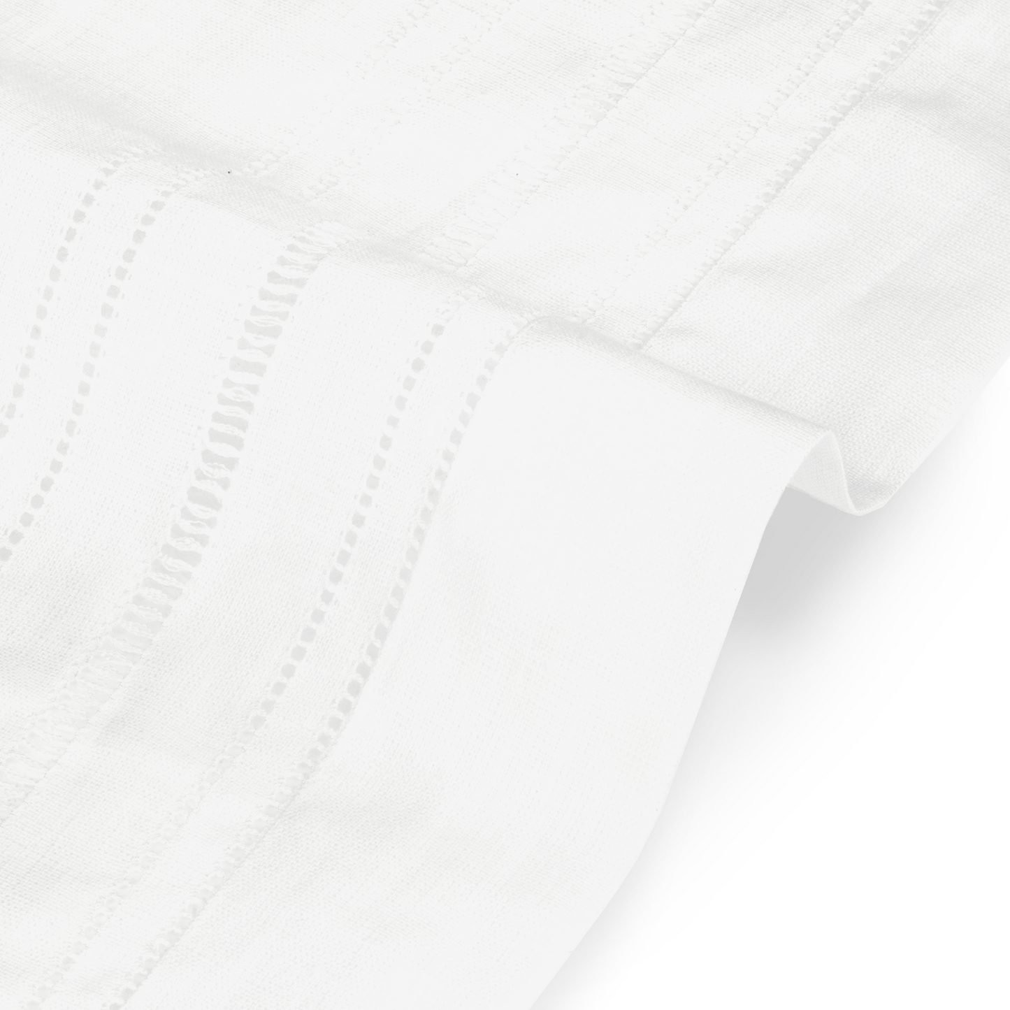 Close up of drawn thread lambrequin ladder & hemstitch rows in ivory white