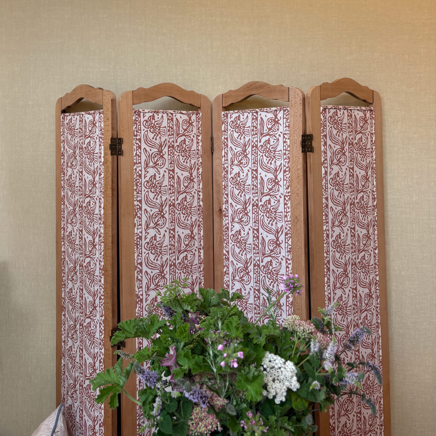 Showroom Ex-Display Folding Screen Upholstered in Finist Dual Use Archive Print in Sirin Terracotta/Oyster