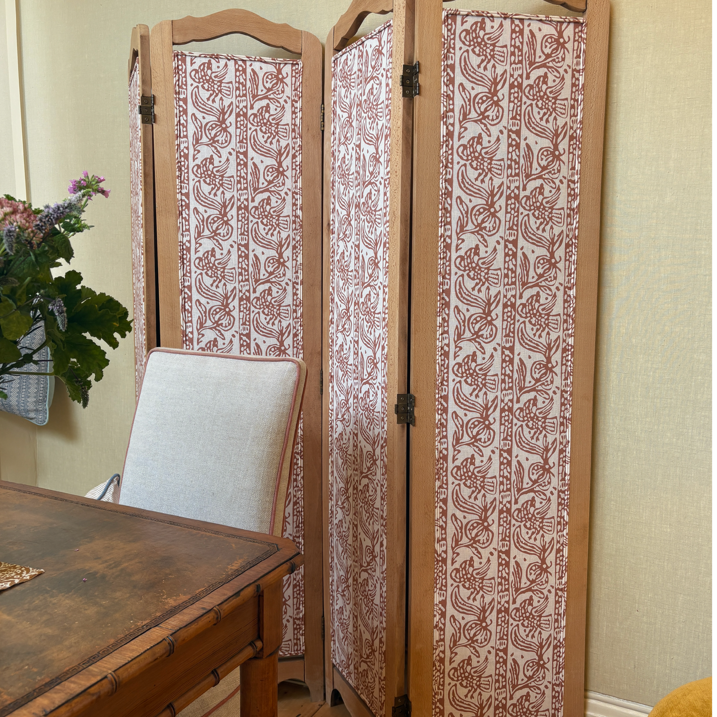 Showroom Ex-Display Folding Screen Upholstered in Finist Dual Use Archive Print in Sirin Terracotta/Oyster