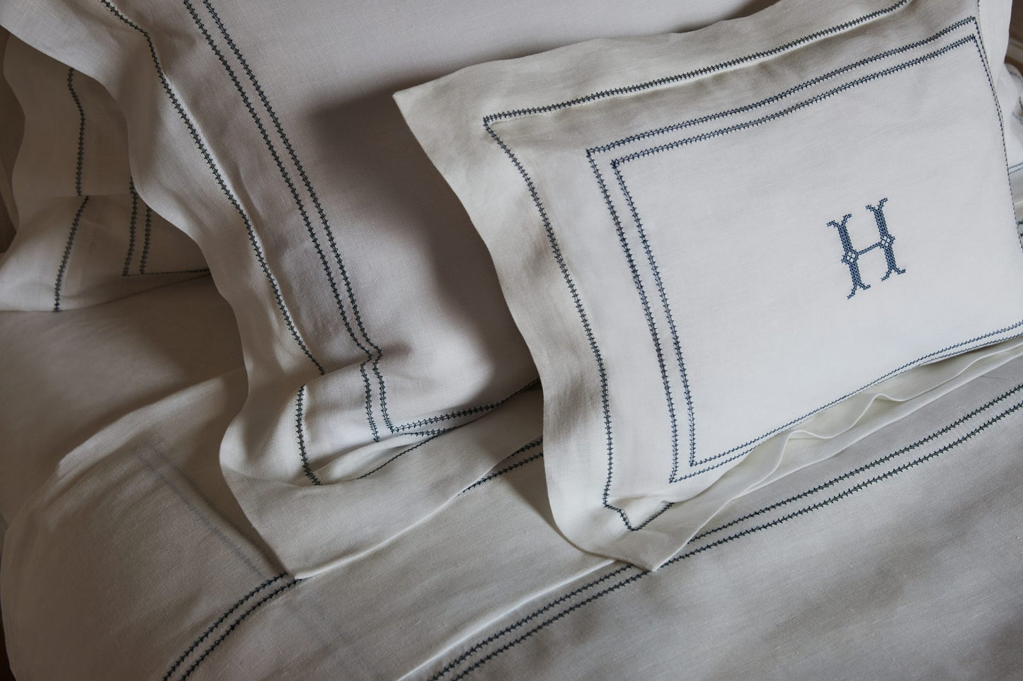 Elizaveta Top Sheet in Prussian Blue Hemstitch