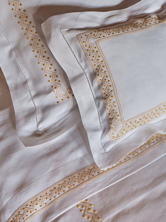 Sheherazade Oxford Pillowcase in Pure White with Ochre Broderie