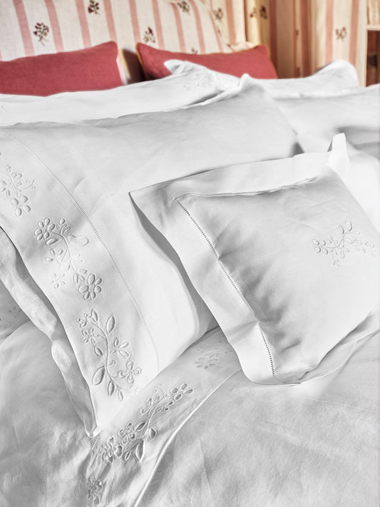 Field Flower Housewife Pillowcase in Pure White with Broderie Anglaise