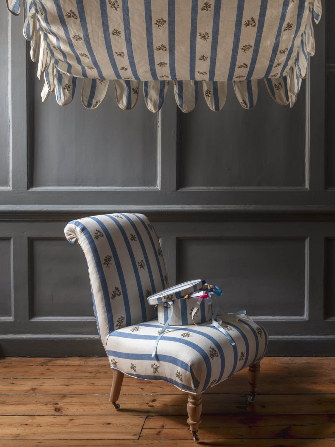 Canopy in Flax & Field Posy Stripe Linen Cornflower Blue Photoshoot Sample