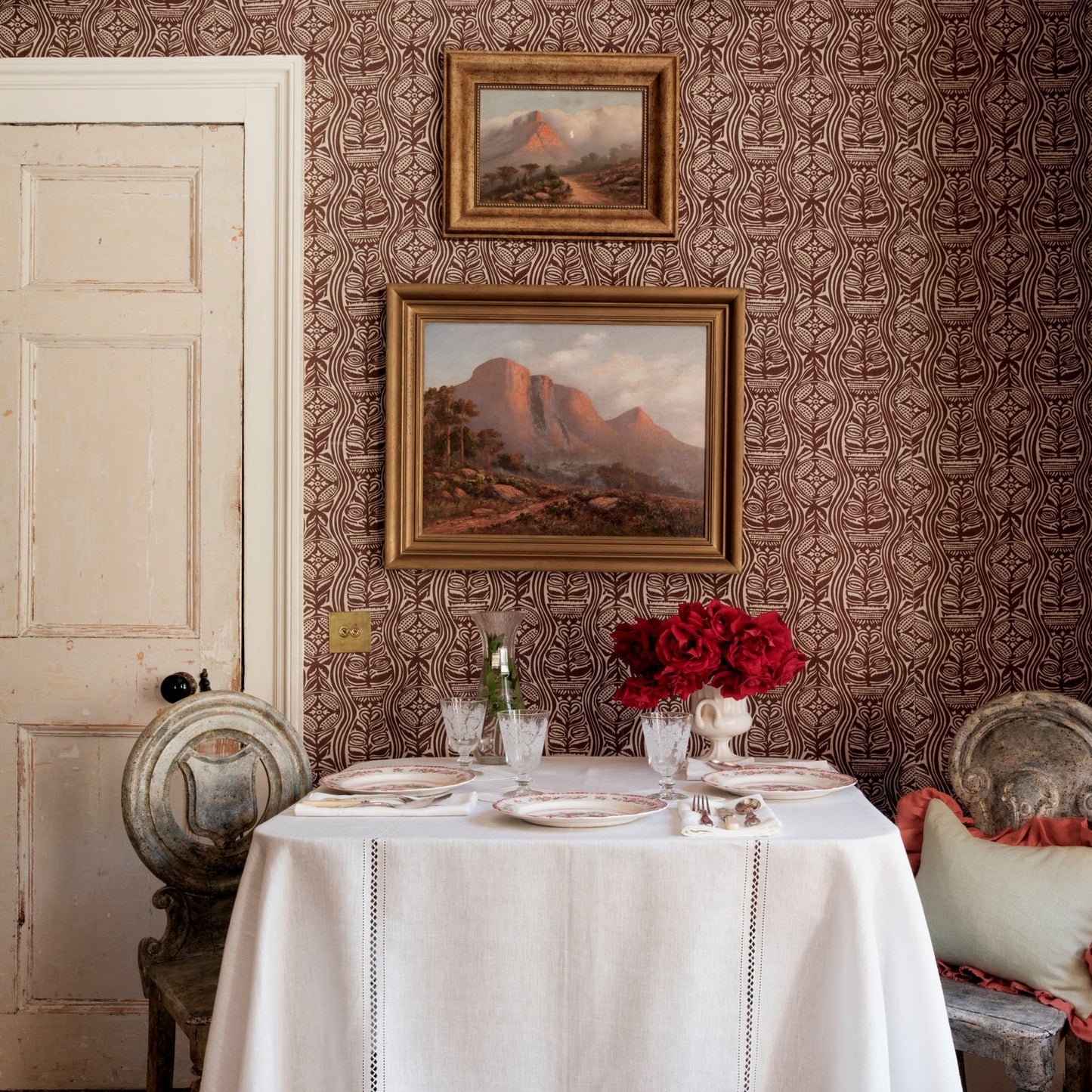 Paper-Backed Dacha Printed Linen Wallcovering in Tobacco/Natural